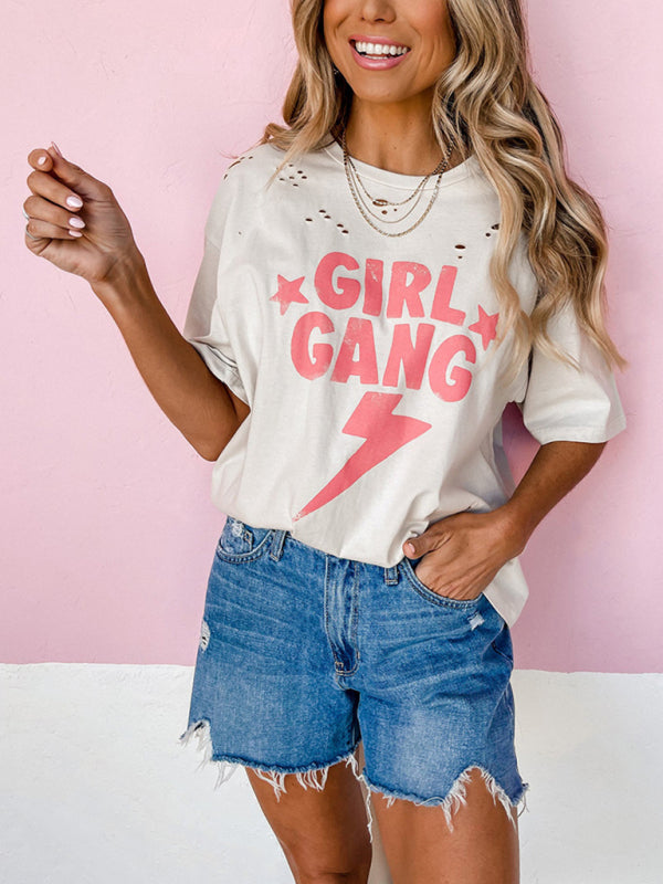 Girl Gang Distressed Round Neck Graphic T-Shirt