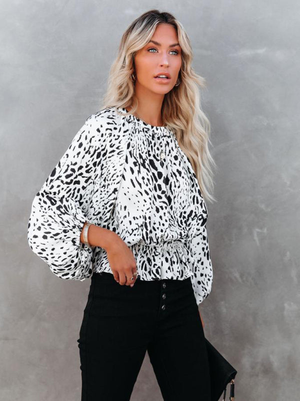 Boho Balloon Sleeve Leopard Printed Round Neck Top