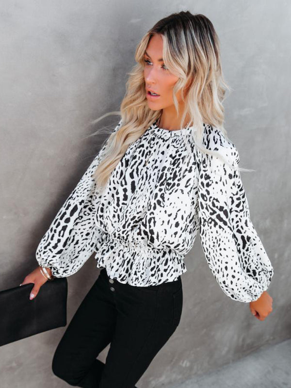 Boho Balloon Sleeve Leopard Printed Round Neck Top