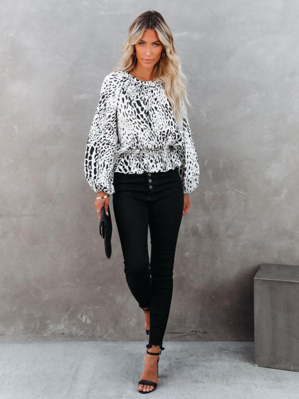 Boho Balloon Sleeve Leopard Printed Round Neck Top
