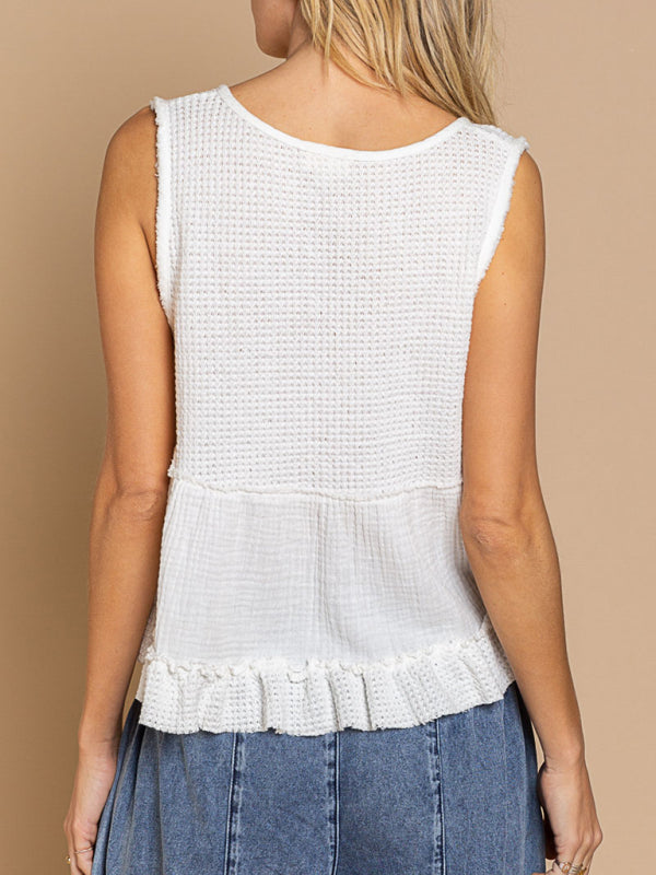 Waffle Knit Sleeveless V-Neck Babydoll Top