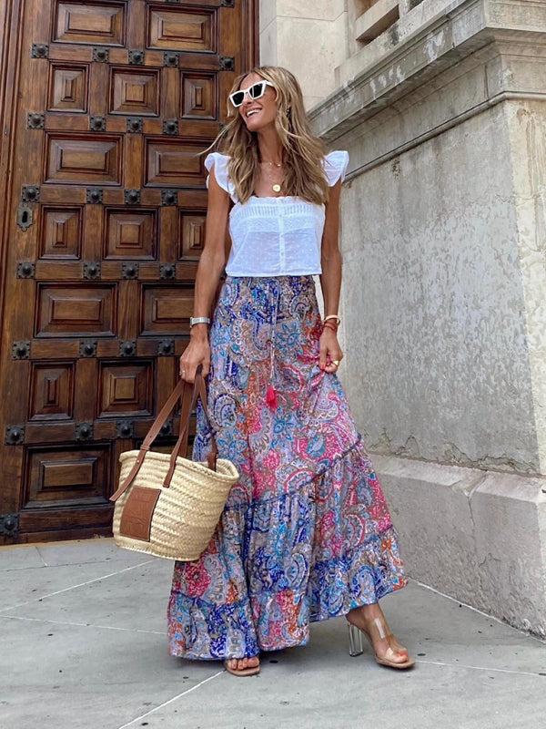 Boho and Paisley Floral Print Maxi Skirt