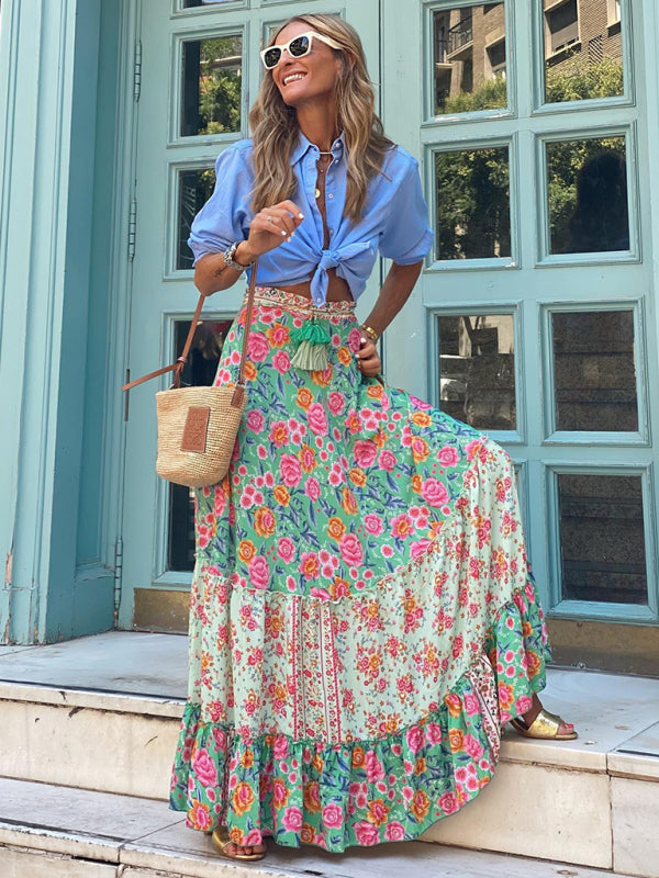 Boho and Paisley Floral Print Maxi Skirt