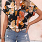 Floral Printed Short Sleeve Career V-neck Top