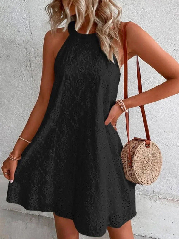 Isabella Boho Solid Color Eyelet Lace Sleeveless Dress