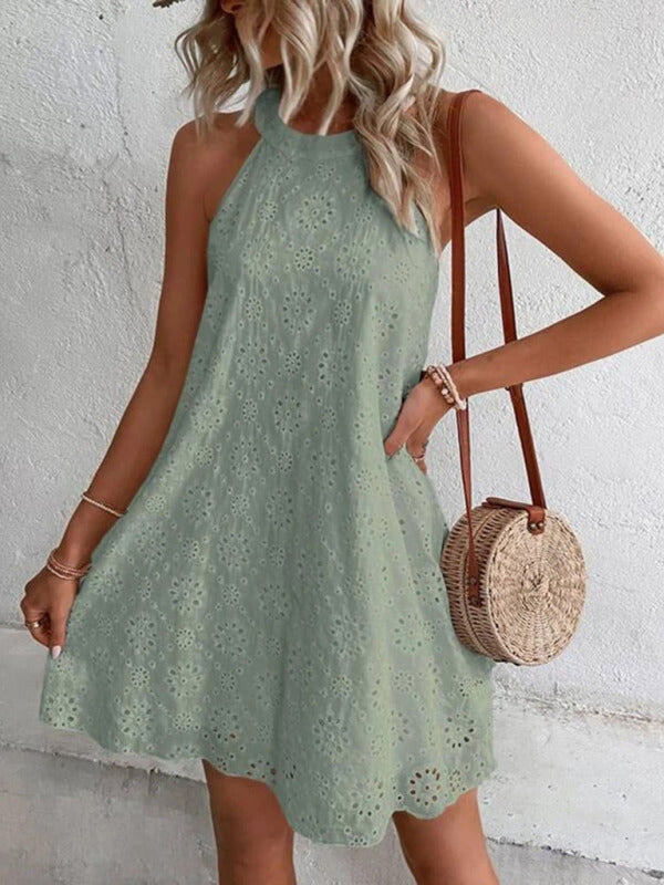 Isabella Boho Solid Color Eyelet Lace Sleeveless Dress