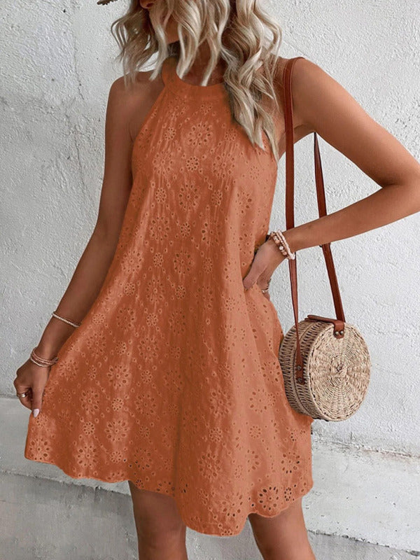 Isabella Boho Solid Color Eyelet Lace Sleeveless Dress