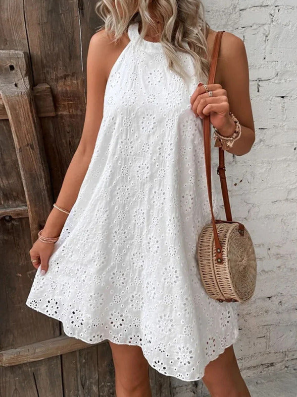 Isabella Boho Solid Color Eyelet Lace Sleeveless Dress