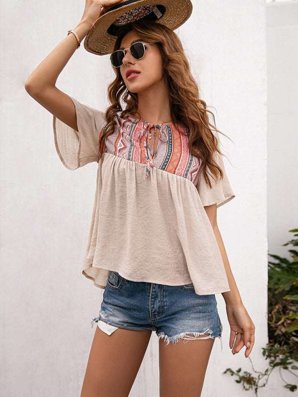 Bohemian Aztec Peasant Short Sleeve Top