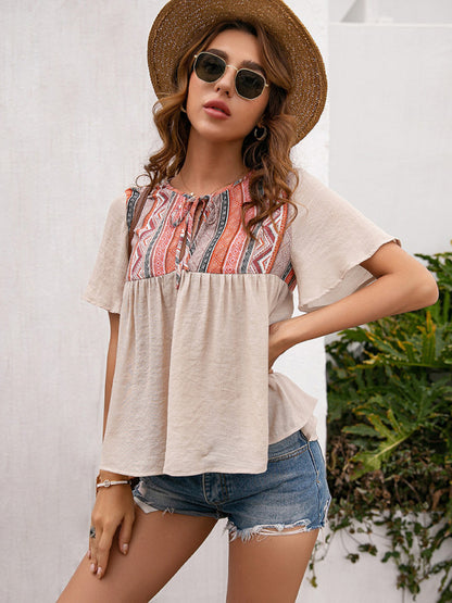 Bohemian Aztec Peasant Short Sleeve Top