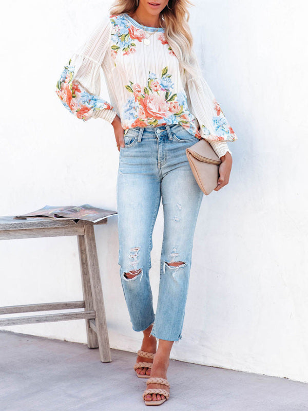 Summer Bohemian Floral Lantern Sleeve Top