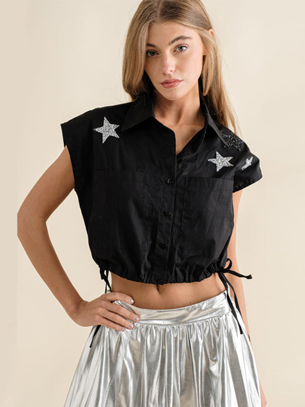 Sparkle Stars Sleeveless Drawstring Crop Top