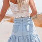 Country Boho Light Denim Ruffle Pleated Mini Skirt