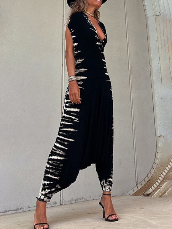 Harem Tie Die Sleeveless Wrap Jumpsuit