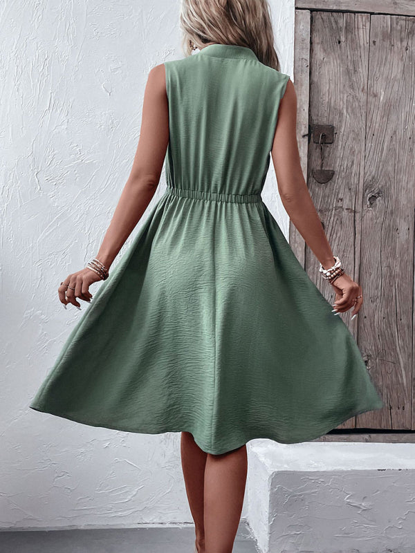 Green V-Neck High Low Hem Sleeveless Dress