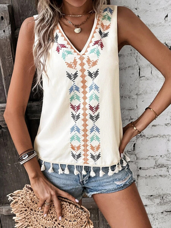 Bohemian Aztec V-Neck Embroidered Stitching Tassel Hem Top