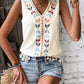 Bohemian Aztec V-Neck Embroidered Stitching Tassel Hem Top