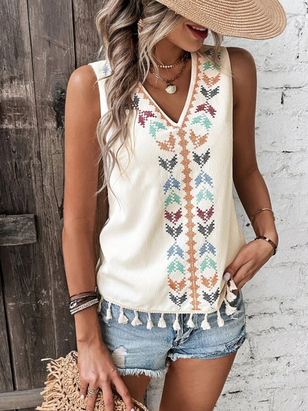 Bohemian Aztec V-Neck Embroidered Stitching Tassel Hem Top