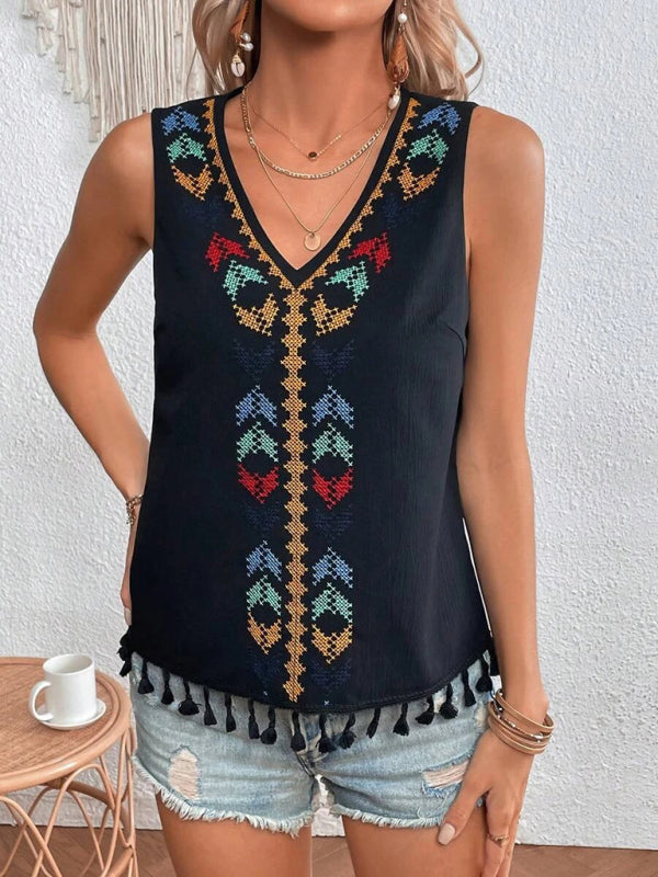 Bohemian Aztec V-Neck Embroidered Stitching Tassel Hem Top