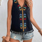 Bohemian Aztec V-Neck Embroidered Stitching Tassel Hem Top