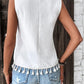 Bohemian Aztec V-Neck Embroidered Stitching Tassel Hem Top