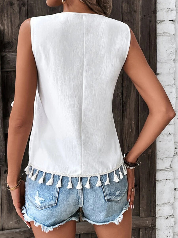 Bohemian Aztec V-Neck Embroidered Stitching Tassel Hem Top