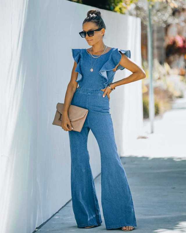 Denim Slim Fit Ruffle Flared Jumpsuit