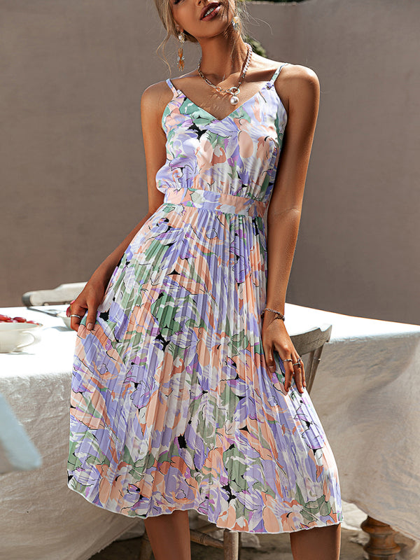 Purple Floral V-Neck Pleated Midi Dress