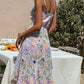 Purple Floral V-Neck Pleated Midi Dress