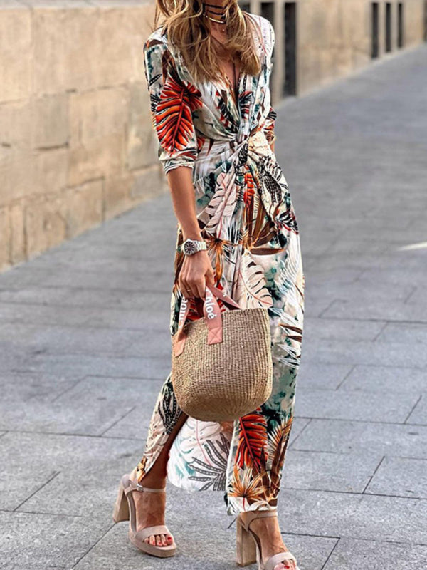 Miranda Bohemian Leaf Print Twist V-Neck Maxi Dress