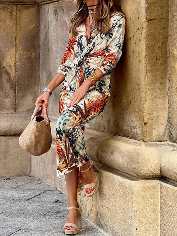 Miranda Bohemian Leaf Print Twist V-Neck Maxi Dress
