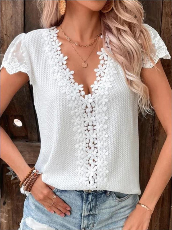 Boho White Waffle Lace V-Neck Flutter Sleeve Top