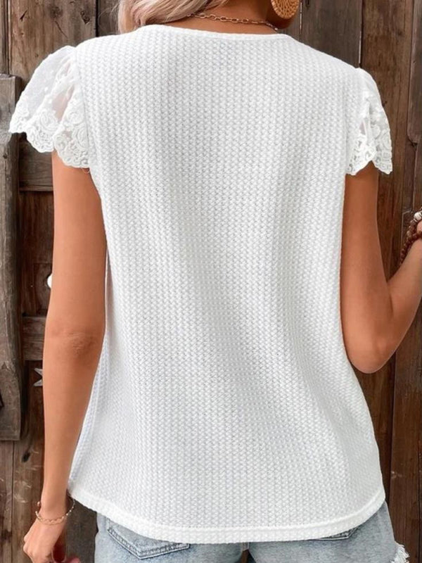 Boho White Waffle Lace V-Neck Flutter Sleeve Top