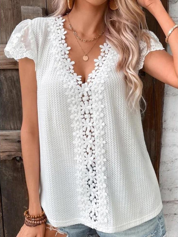 Boho White Waffle Lace V-Neck Flutter Sleeve Top