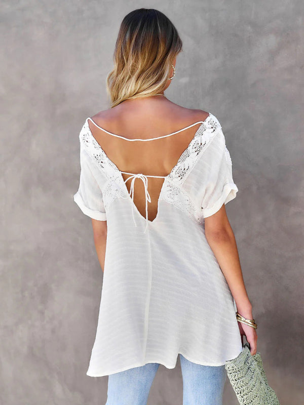 Bohemian V-Neck Open Back Peasant Top