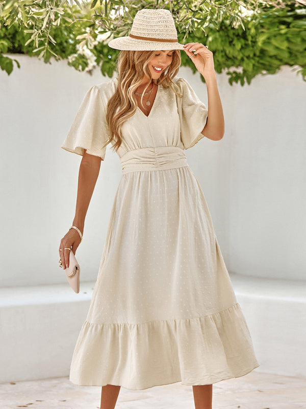 Caroline Polka Dot Bohemian V Neck Midi Dress