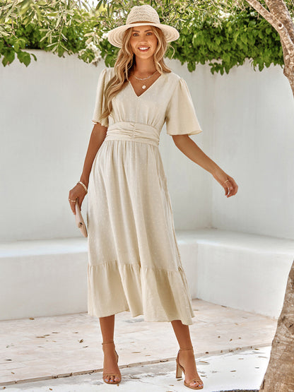 Caroline Polka Dot Bohemian V Neck Midi Dress