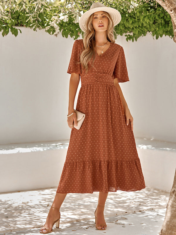 Caroline Polka Dot Bohemian V Neck Midi Dress