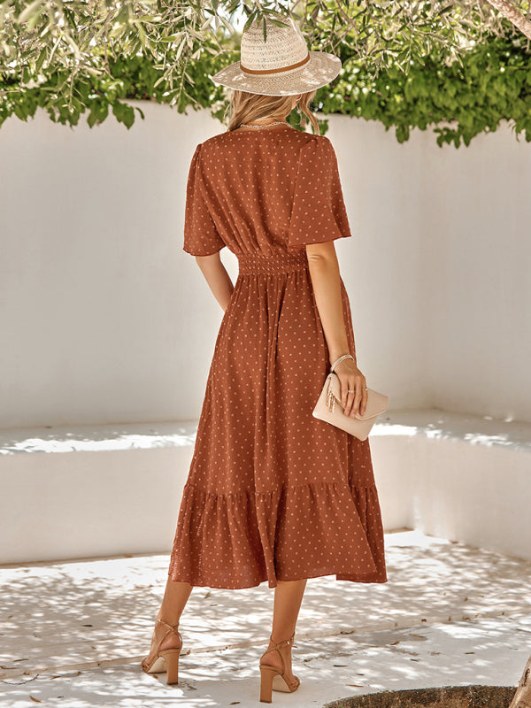Caroline Polka Dot Bohemian V Neck Midi Dress