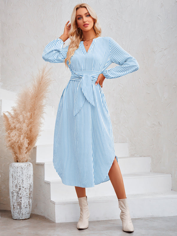 Devin Bohemian Striped Tie Waist Shirt Dress