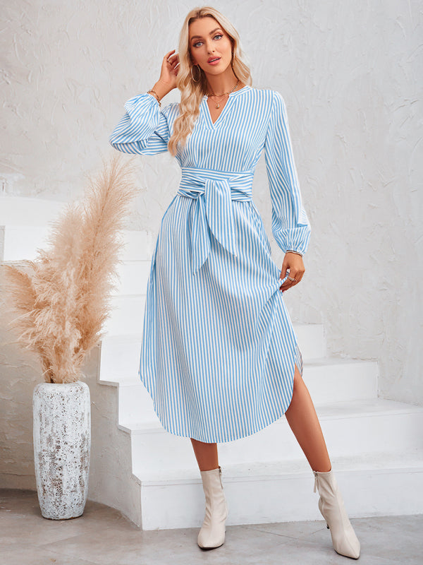 Devin Bohemian Striped Tie Waist Shirt Dress