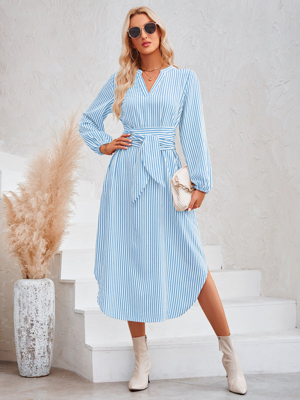 Devin Bohemian Striped Tie Waist Shirt Dress