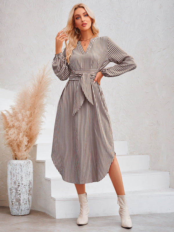 Devin Bohemian Striped Tie Waist Shirt Dress