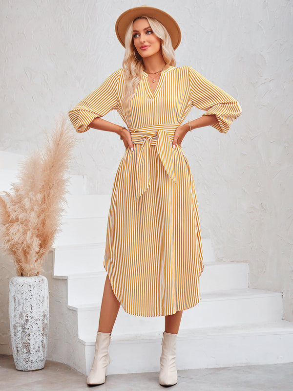 Devin Bohemian Striped Tie Waist Shirt Dress