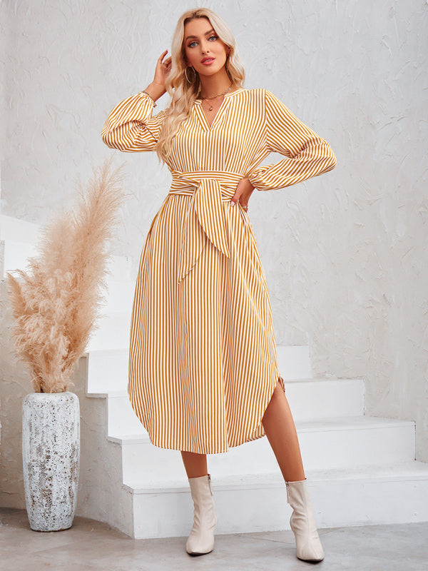Devin Bohemian Striped Tie Waist Shirt Dress