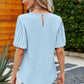 Casual Boho Pleated Bell Sleeve Round Neck Blouse