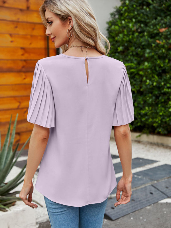 Casual Boho Pleated Bell Sleeve Round Neck Blouse