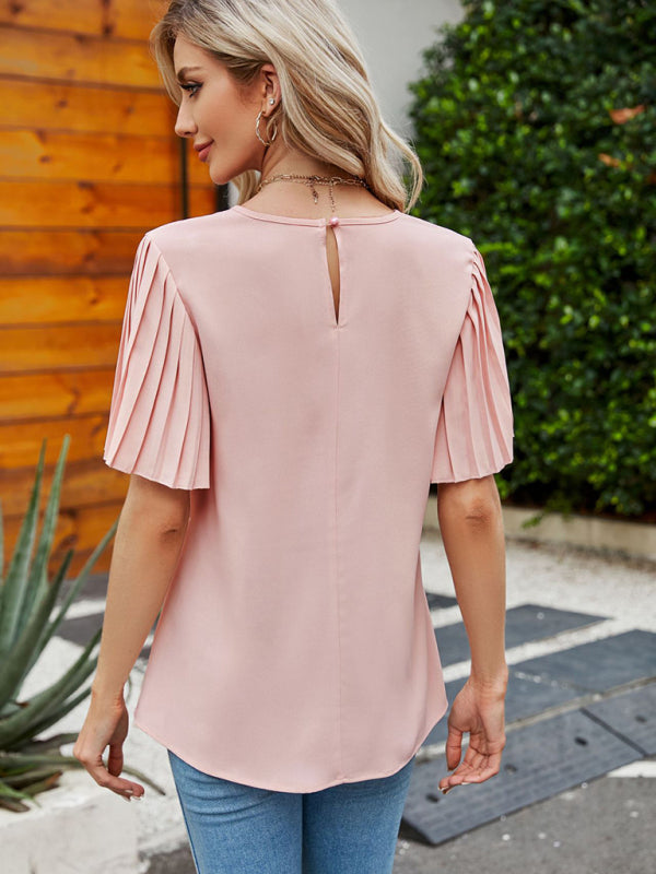 Casual Boho Pleated Bell Sleeve Round Neck Blouse