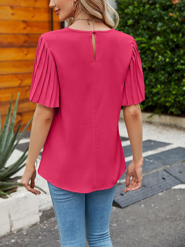 Casual Boho Pleated Bell Sleeve Round Neck Blouse