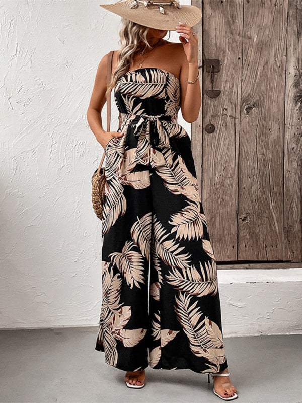 Boho Palm Leaf Botanical Strapless Wide Leg Jumpsuit